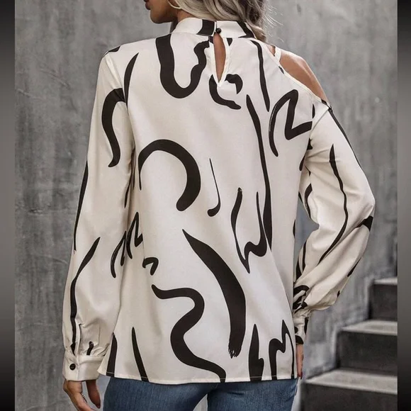 Elegant Off Cold Shoulder Asymmetrical Neck Long Sleeve Top Blouse Shirt - Picture 2 of 6